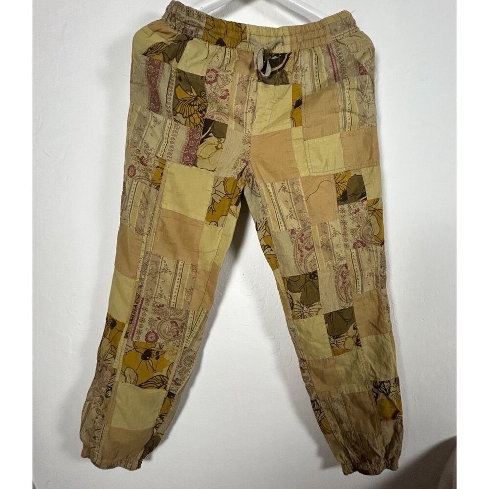 Anthropologie Womens Floral Patchwork Jogger Pants Medium Tan Drawstring Casual